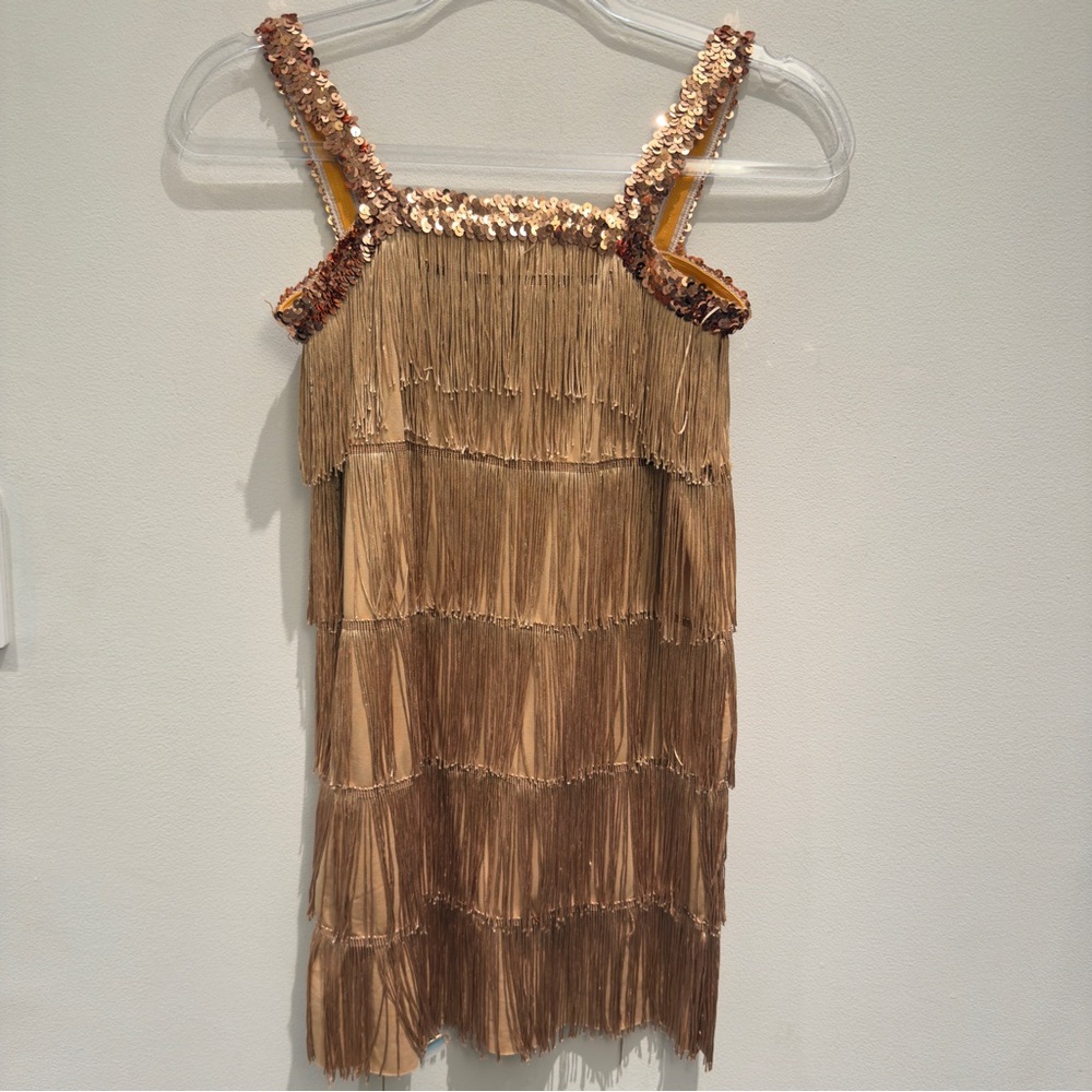 Leadtex - Gold Fringe Flapper Costume Dress with Sequin Straps Size 10-12 Years